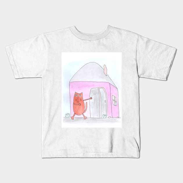 Cat points to the house. Real estate, rent, housewarming. Watercolor illustration humorous. Humor, fun design modern Kids T-Shirt by grafinya